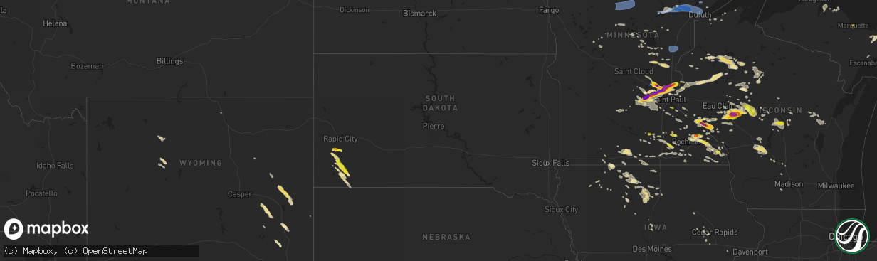 Hail map in South Dakota on August 5, 2019