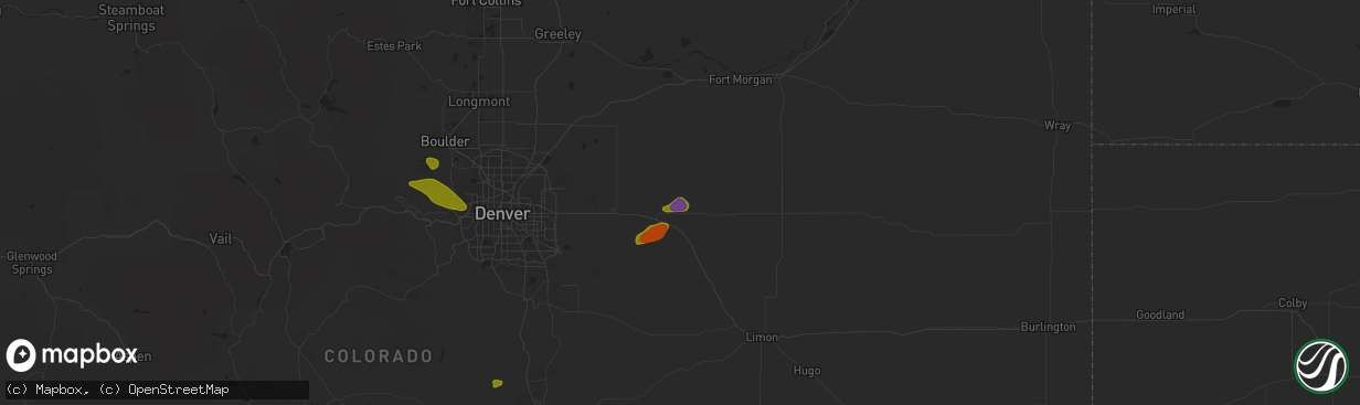 Hail map in Byers, CO on August 5, 2020