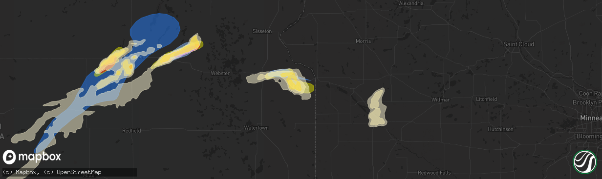 Hail map in Milbank, SD on August 5, 2022