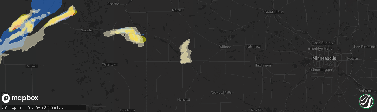 Hail map in Montevideo, MN on August 5, 2022