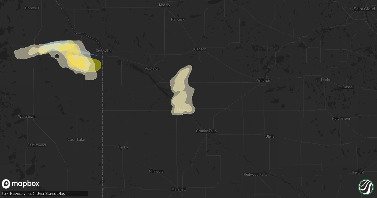 Hail map in Montevideo, MN on August 5, 2022