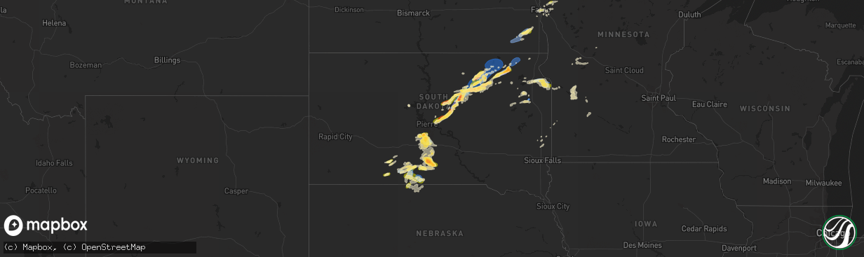 Hail map in South Dakota on August 5, 2022
