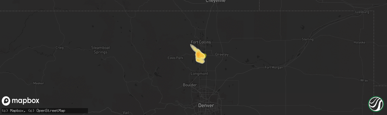 Hail map in Loveland, CO on August 5, 2023