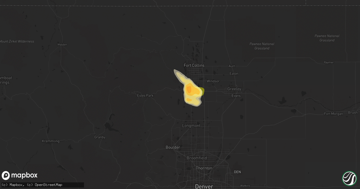 Hail map in Loveland, CO on August 5, 2023