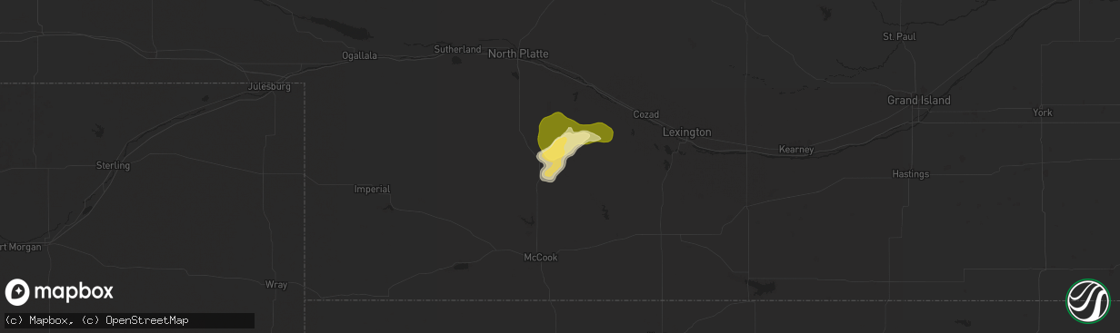 Hail map in Curtis, NE on August 5, 2025