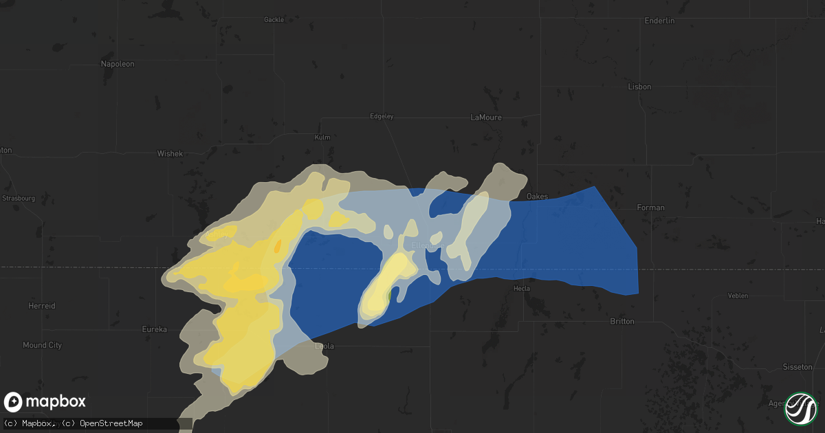 Hail map in Ellendale, ND on August 5, 2025