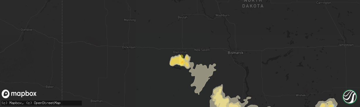 Hail map in Glen Ullin, ND on August 5, 2025