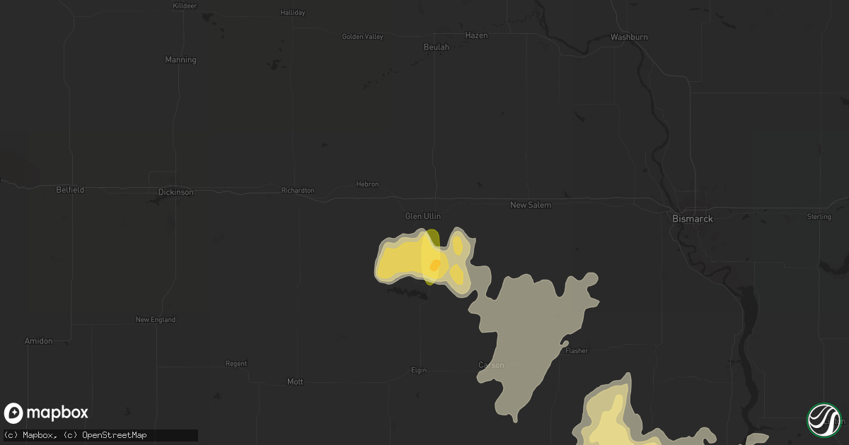 Hail map in Glen Ullin, ND on August 5, 2025
