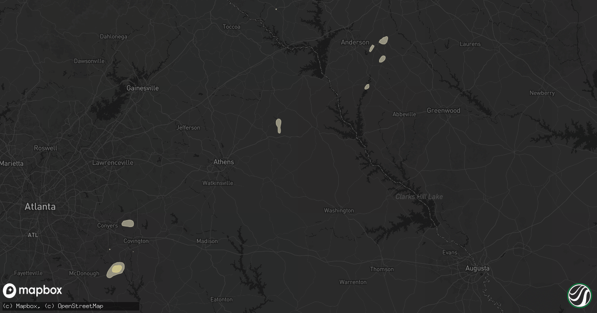 Hail map in Carlton, GA on August 5, 2026