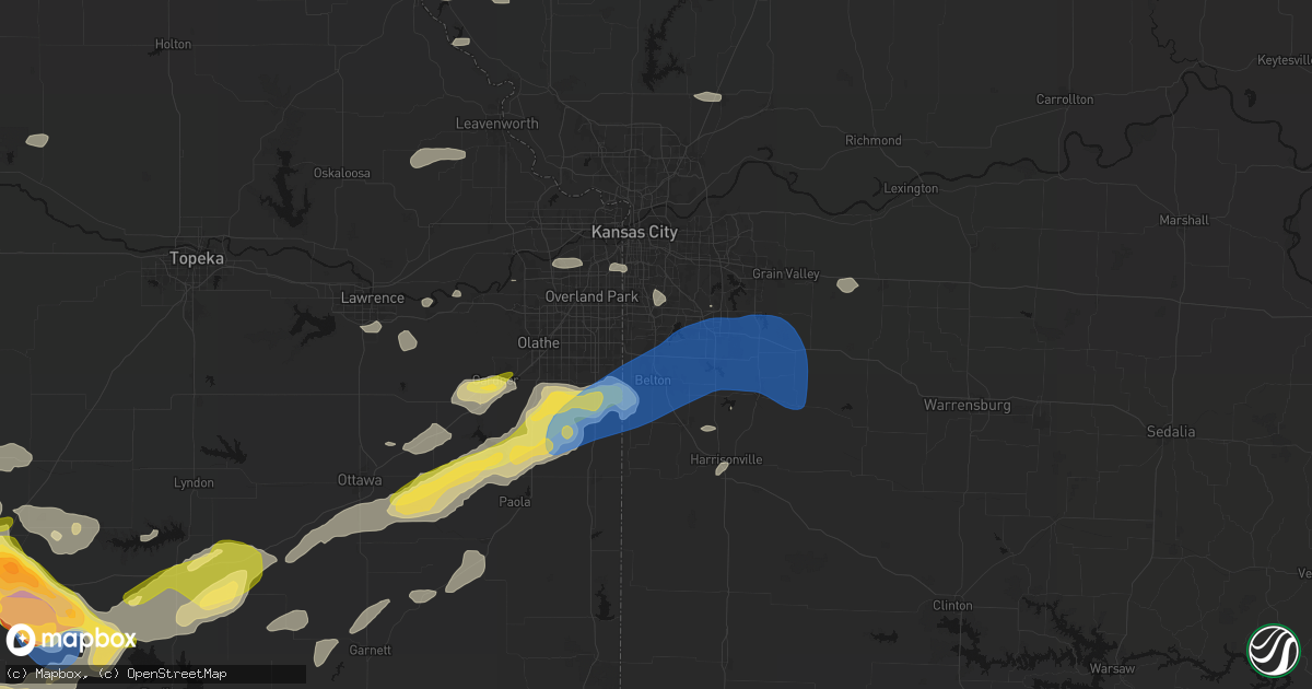 Hail map in Grandview, MO on August 5, 2026