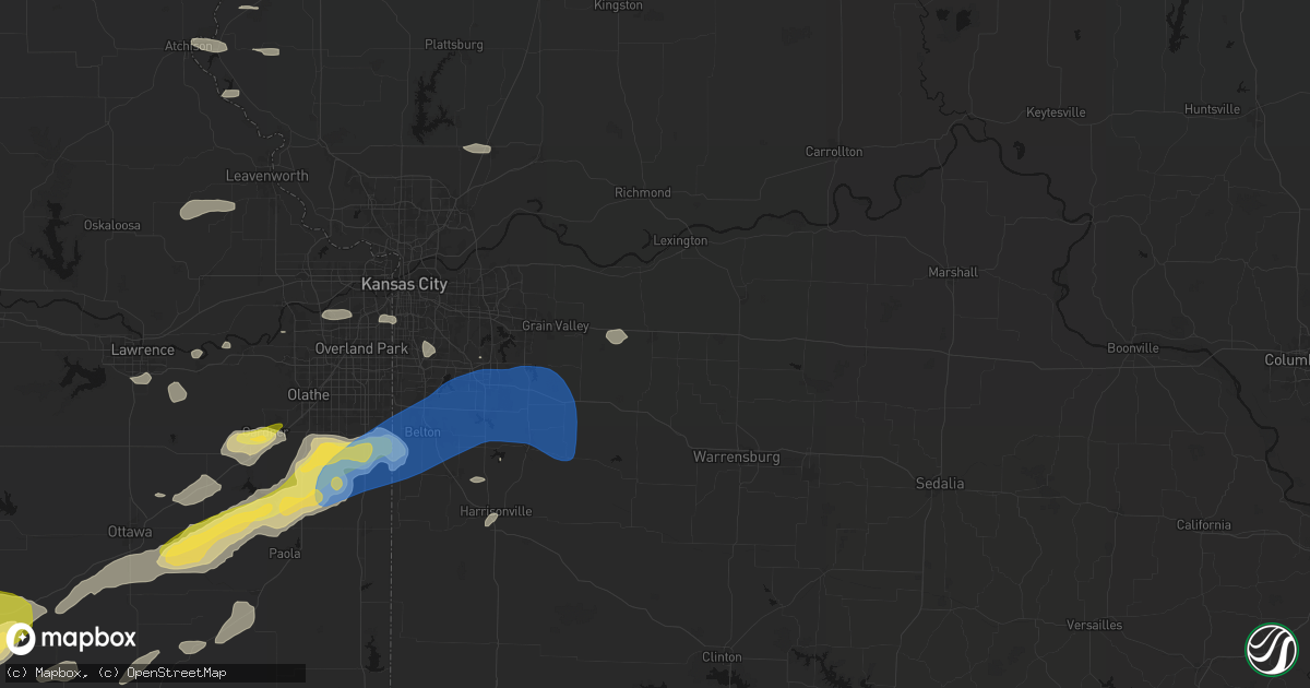 Hail map in Odessa, MO on August 5, 2026