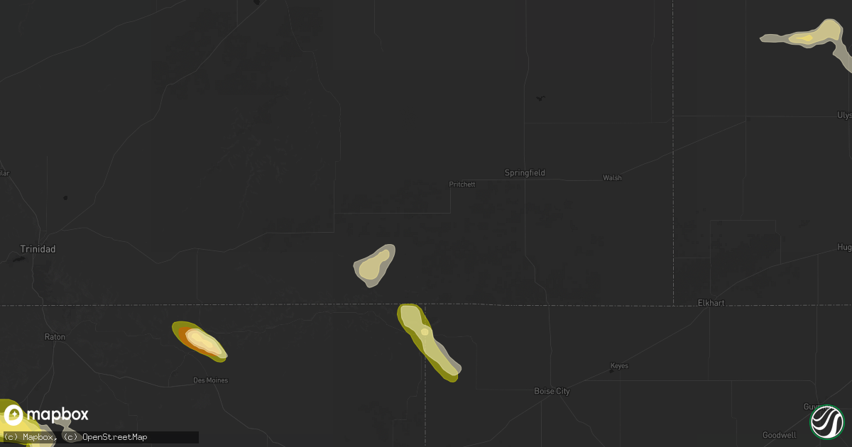 Hail map in Pritchett, CO on August 5, 2026