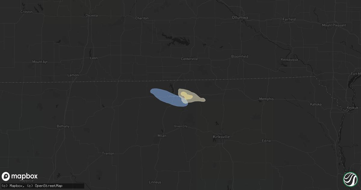 Hail map in Unionville, MO on August 5, 2026