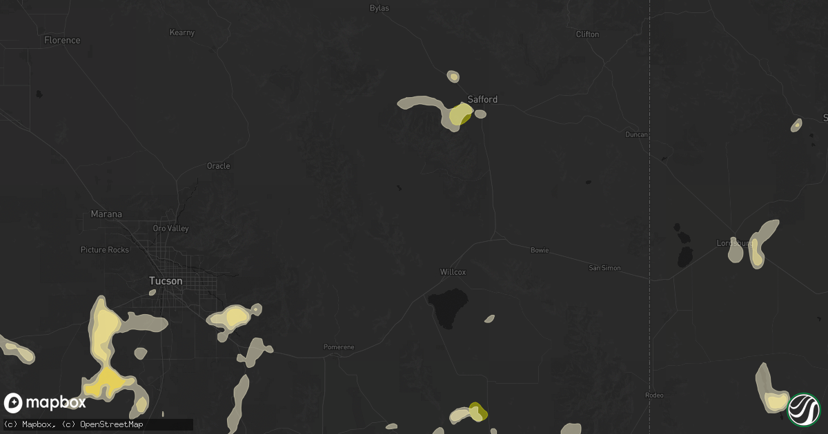 Hail map in Willcox, AZ on August 5, 2026
