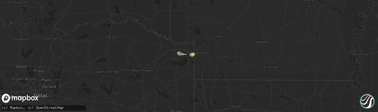 Hail map in Texarkana, TX on August 6, 2016