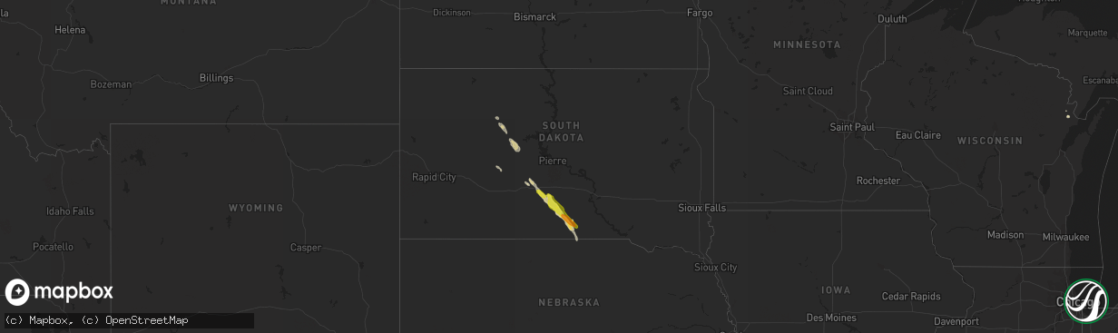 Hail map in South Dakota on August 6, 2017