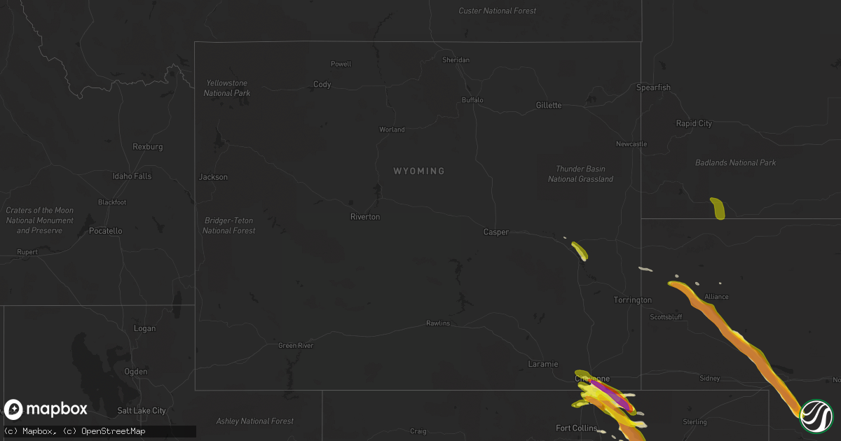 Hail map in Wyoming on August 6, 2018