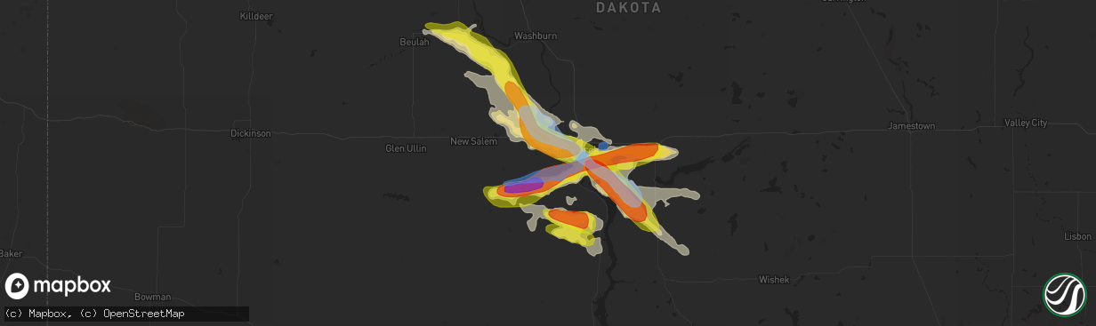 Hail map in Mandan, ND on August 6, 2019