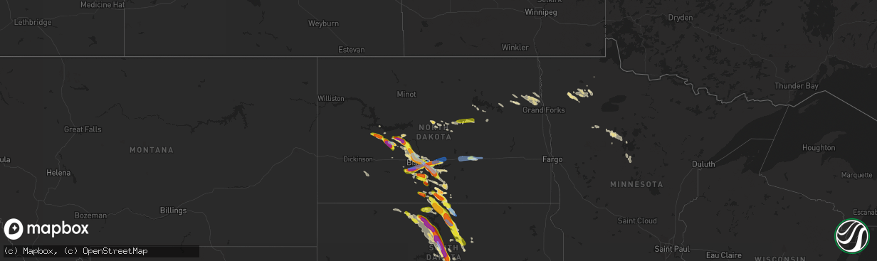 Hail map in North Dakota on August 6, 2019