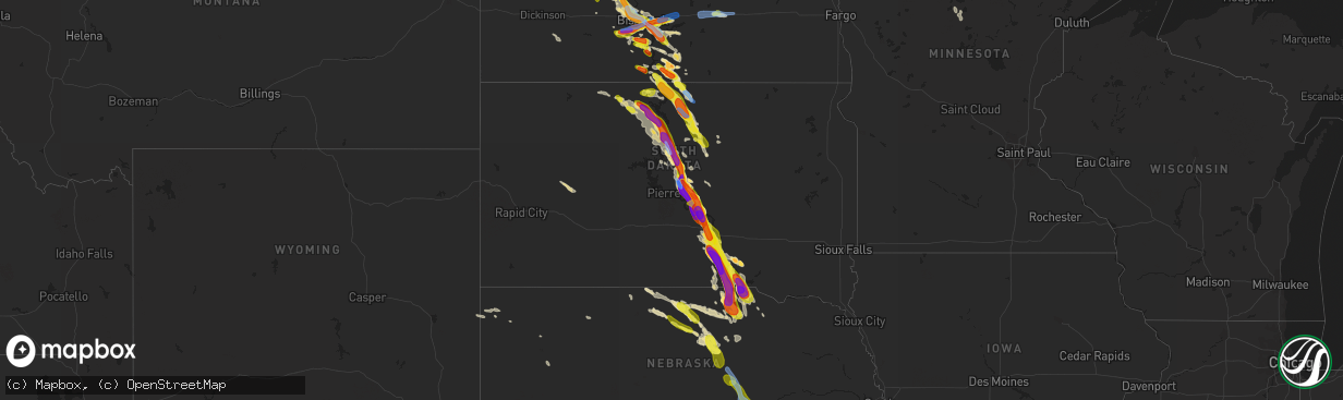 Hail map in South Dakota on August 6, 2019