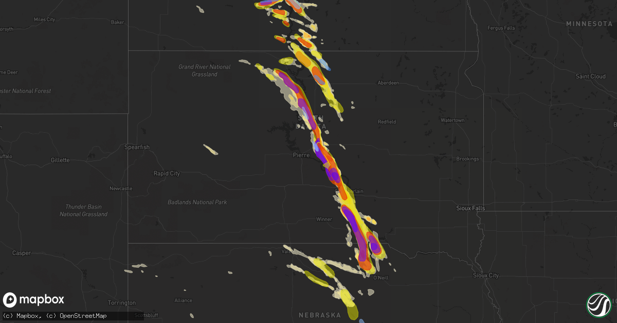 Hail map in South Dakota on August 6, 2019