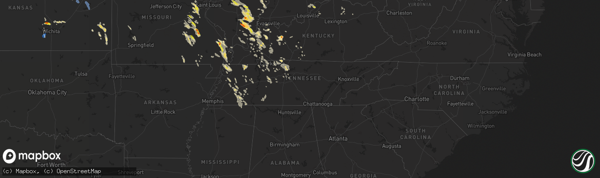 Hail map in Tennessee on August 6, 2019