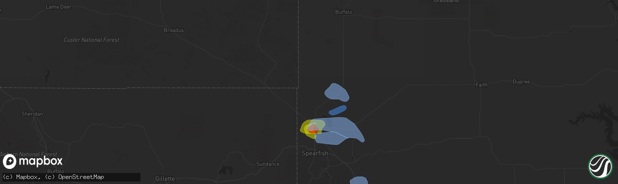 Hail map in Belle Fourche, SD on August 6, 2020