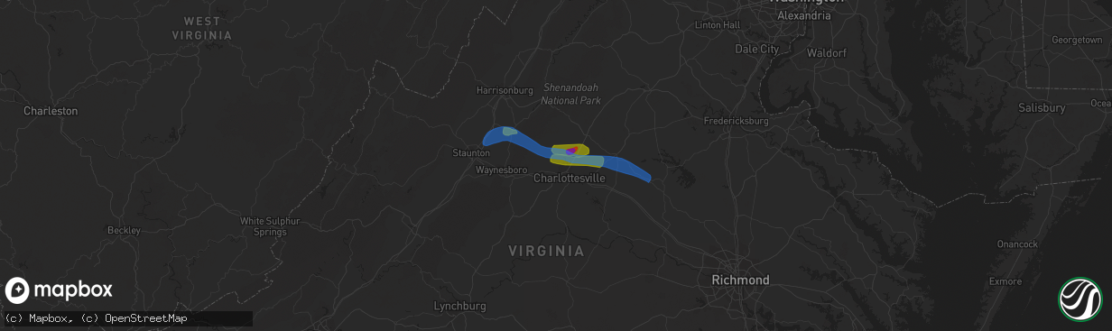 Hail map in Charlottesville, VA on August 6, 2020