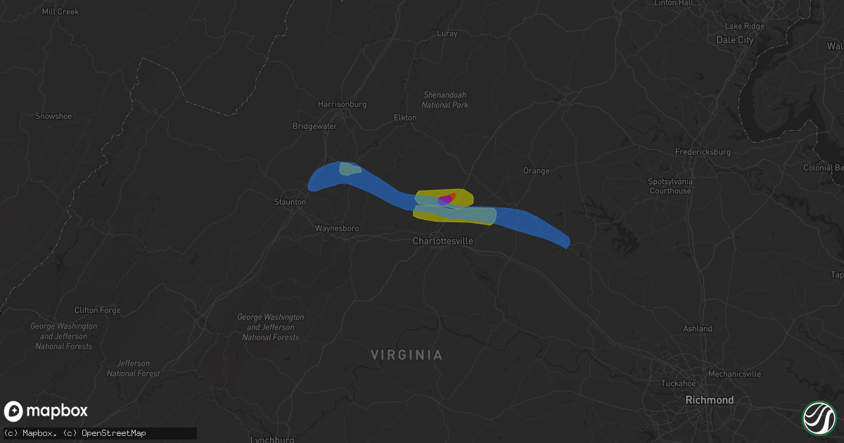 Hail map in Charlottesville, VA on August 6, 2020