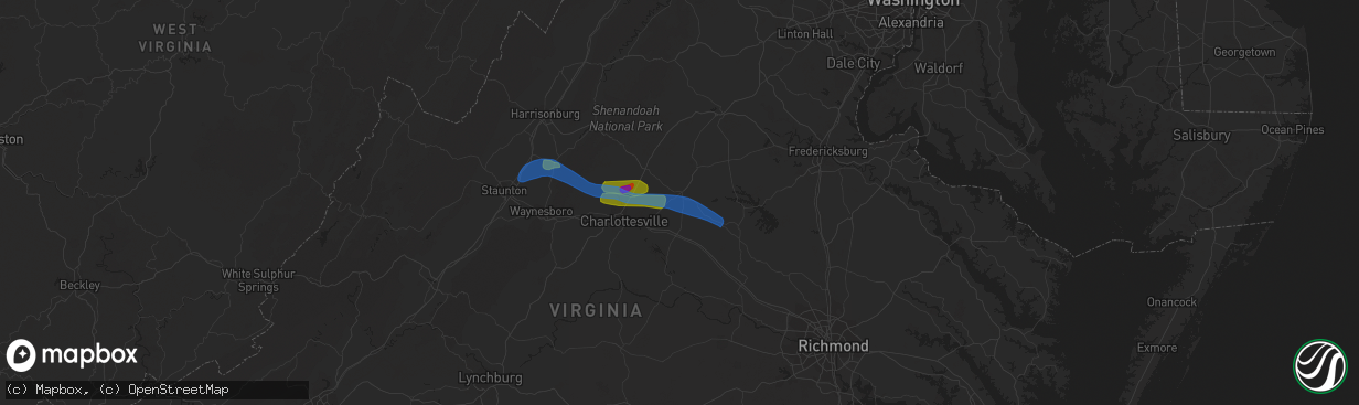 Hail map in Gordonsville, VA on August 6, 2020
