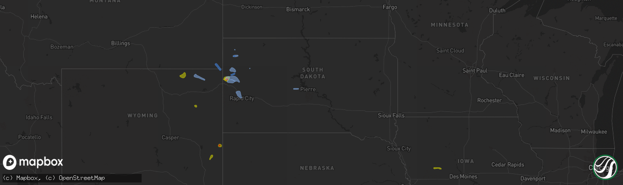 Hail map in South Dakota on August 6, 2020