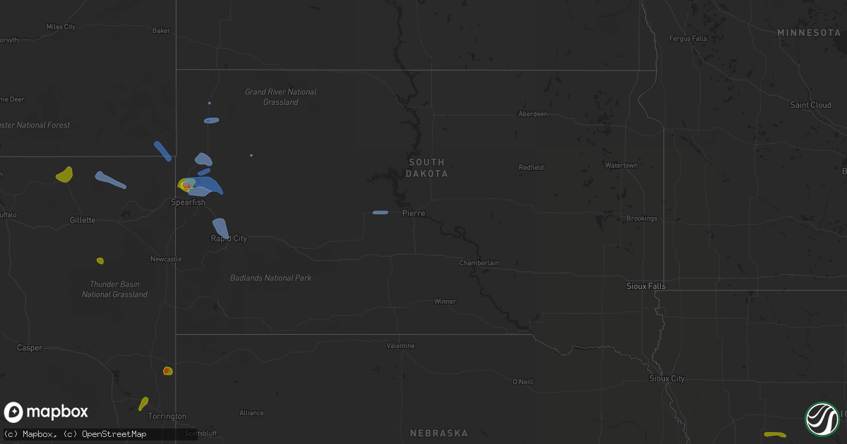 Hail map in South Dakota on August 6, 2020