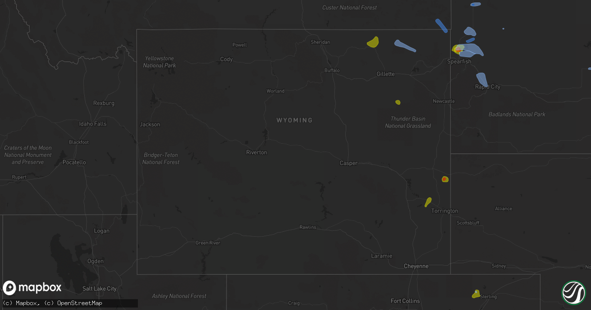Hail map in Wyoming on August 6, 2020