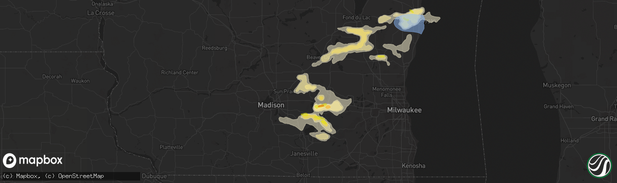 Hail map in Waterloo, WI on August 6, 2021