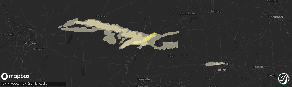Hail map in Vincennes, IN on August 6, 2023