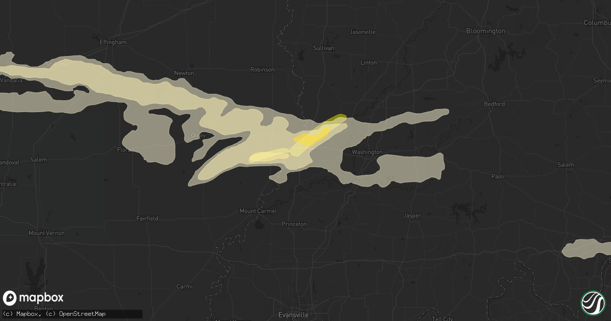 Hail map in Vincennes, IN on August 6, 2023