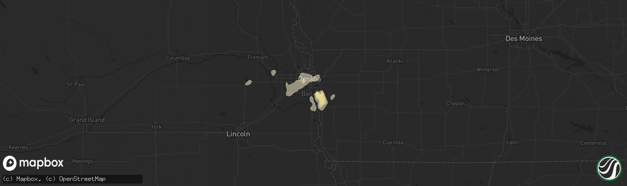 Hail map in Bellevue, NE on August 6, 2025