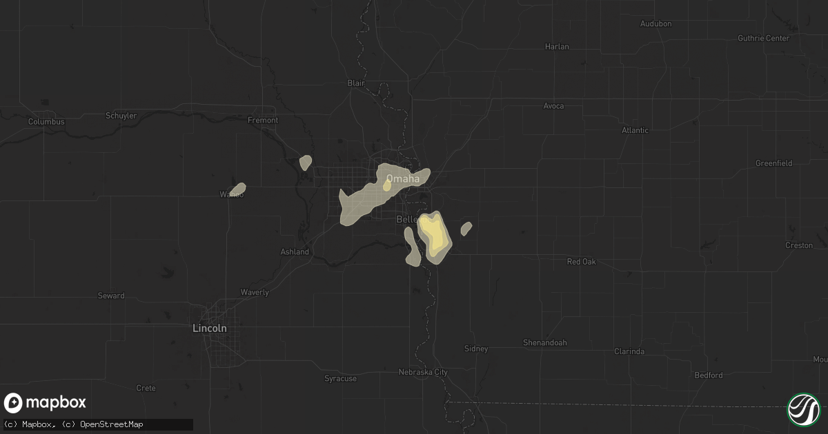 Hail map in Bellevue, NE on August 6, 2025