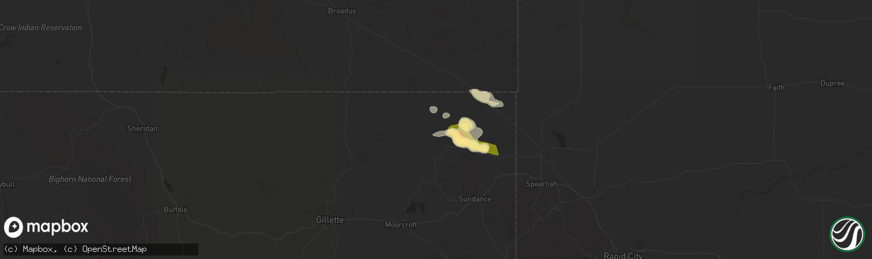 Hail map in Hulett, WY on August 6, 2025