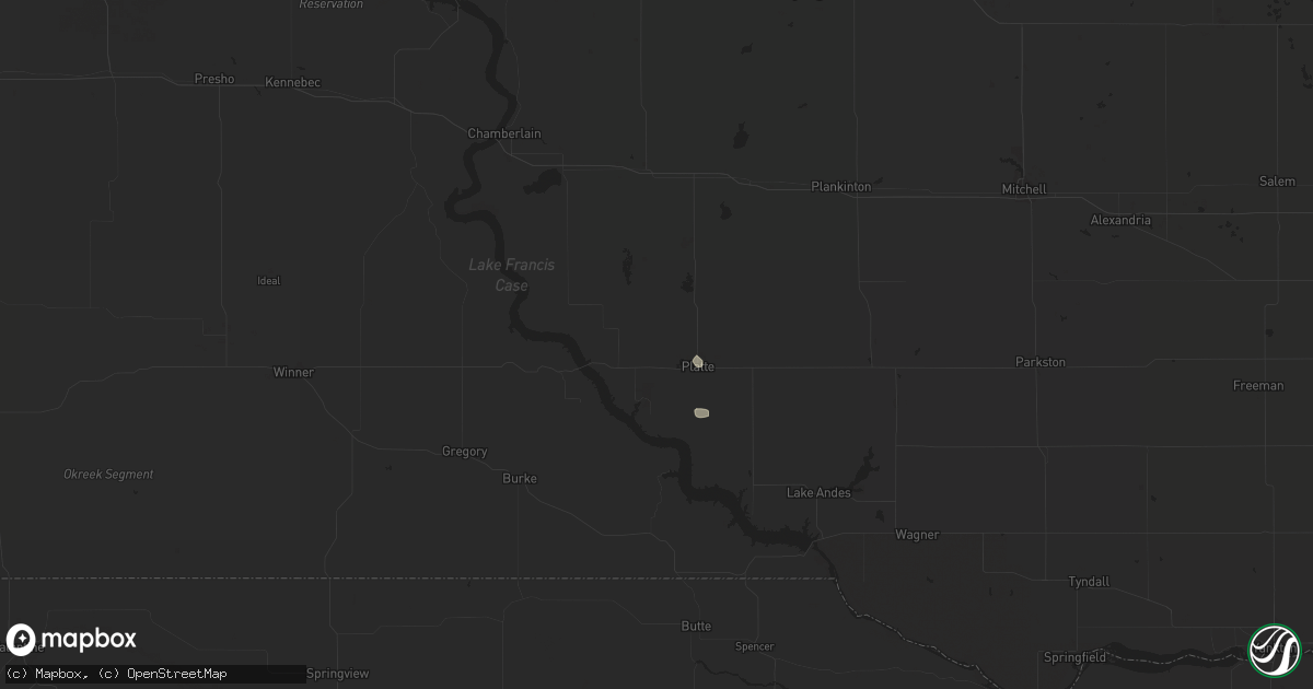 Hail map in Platte, SD on August 6, 2025