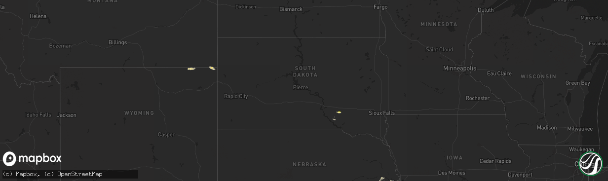 Hail map in South Dakota on August 6, 2025