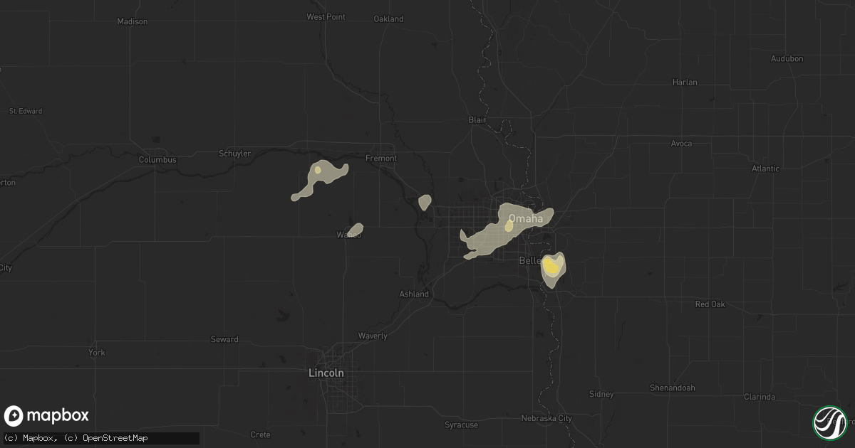 Hail map in Waterloo, NE on August 6, 2025