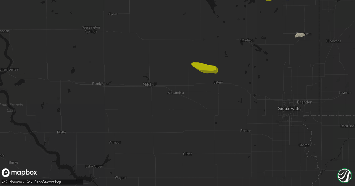 Hail map in Alexandria, SD on August 6, 2026