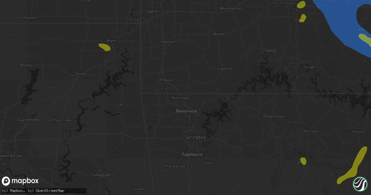 Hail map in Bella Vista, AR on August 6, 2026