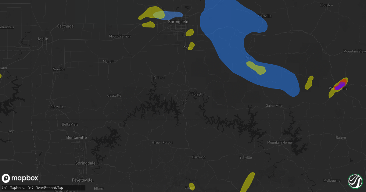 Hail map in Branson, MO on August 6, 2026