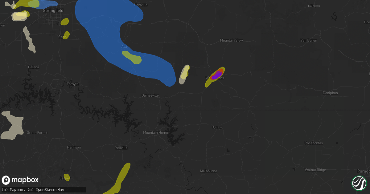 Hail map in Caulfield, MO on August 6, 2026