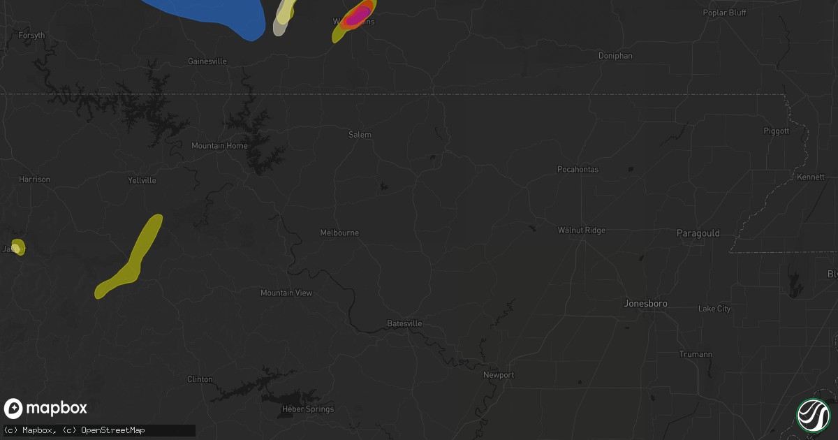 Hail map in Evening Shade, AR on August 6, 2026