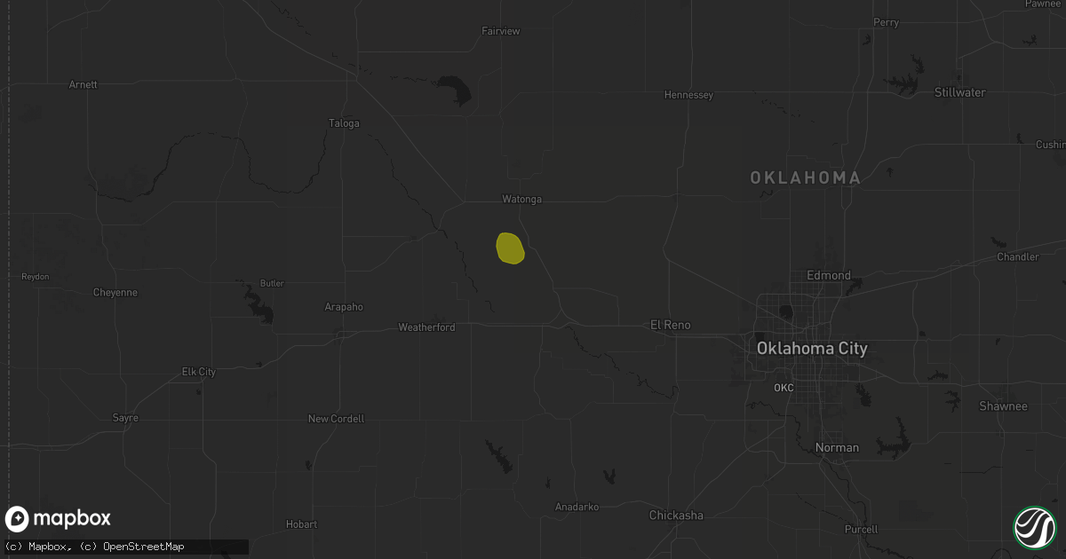 Hail map in Geary, OK on August 6, 2026