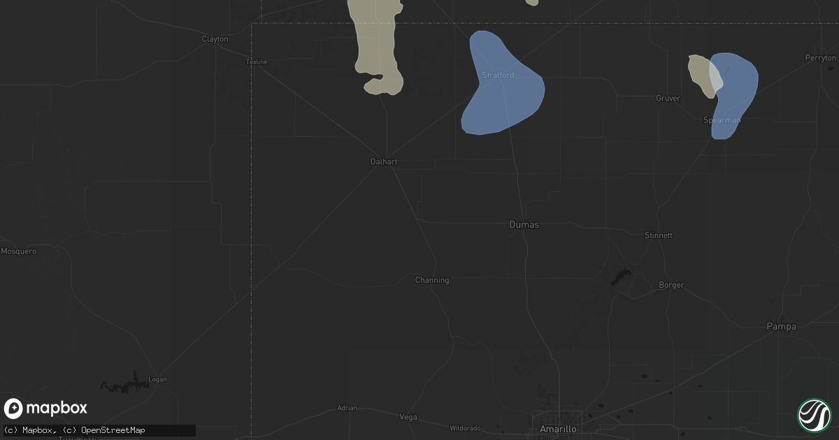 Hail map in Hartley, TX on August 6, 2026
