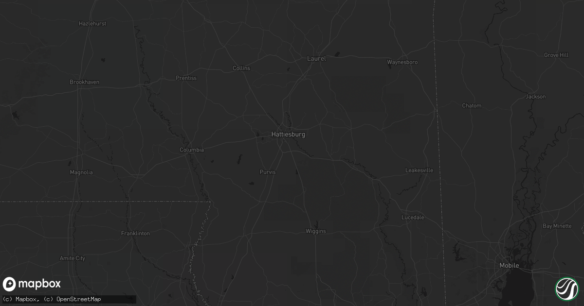 Hail map in Hattiesburg, MS on August 6, 2026
